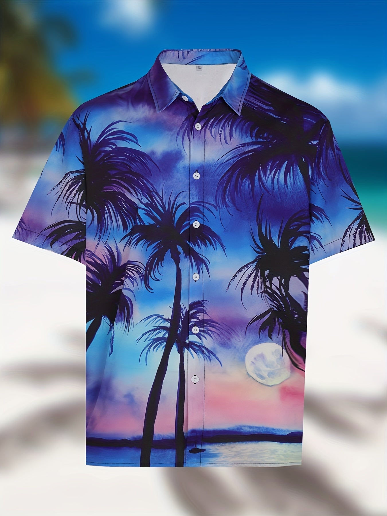 Coconut Tree & Moon Print Men's Casual Short Sleeve Shirt