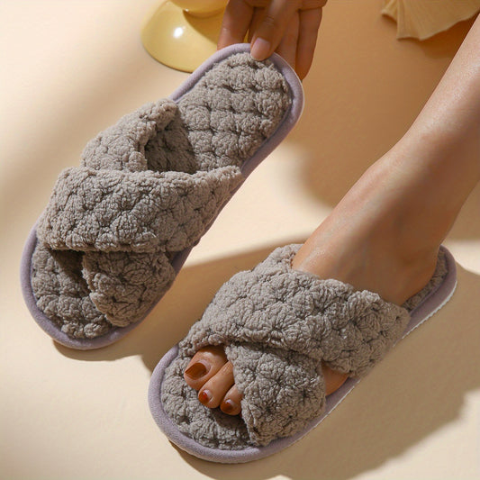 Plush Cross Strap Slippers Cozy Open Toe Flat Fuzzy Shoes