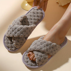 Plush Cross Strap Slippers Cozy Open Toe Flat Fuzzy Shoes