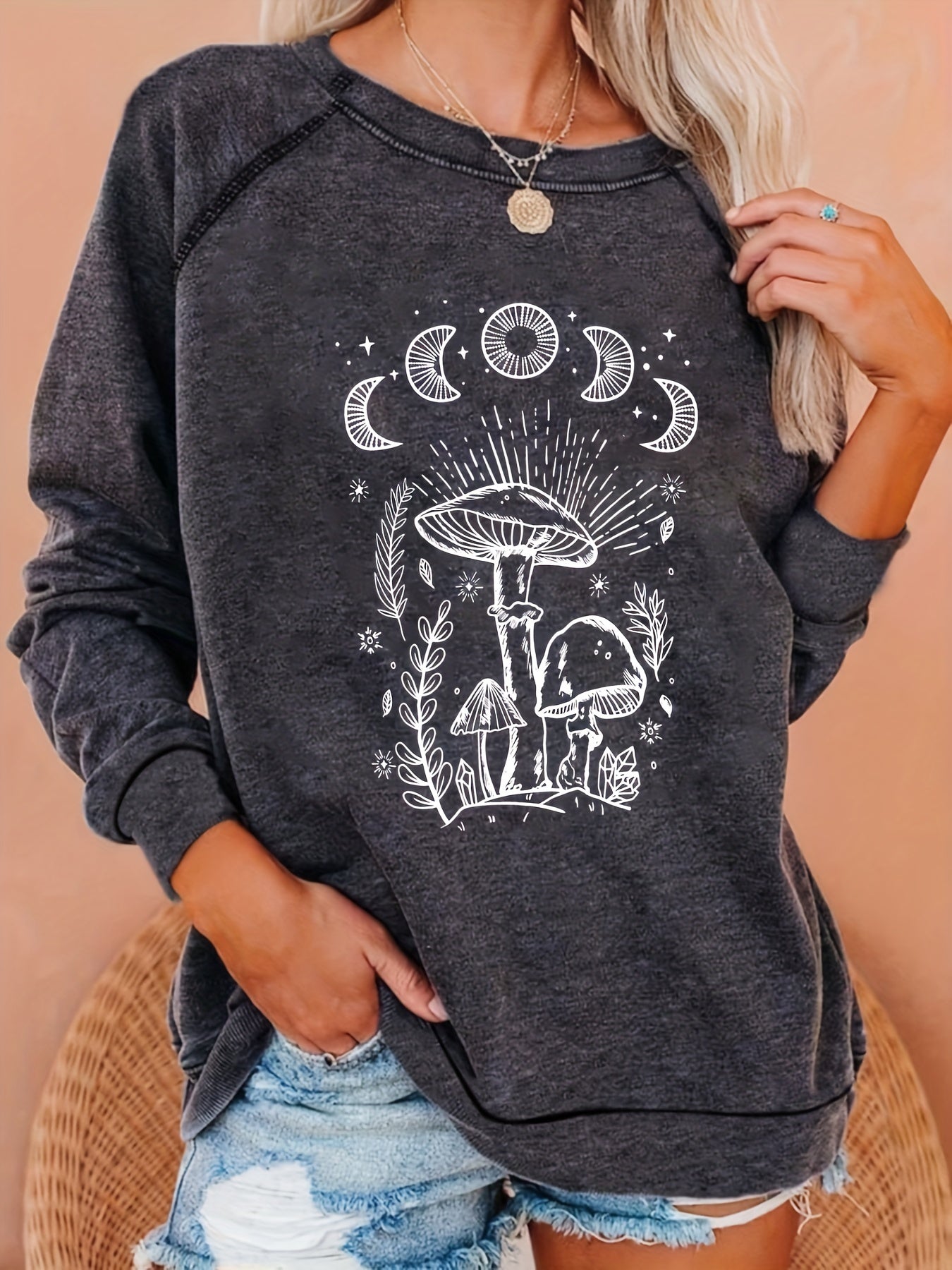 Mushroom Print Sweatshirt Crew Neck Pullover Casual Tops