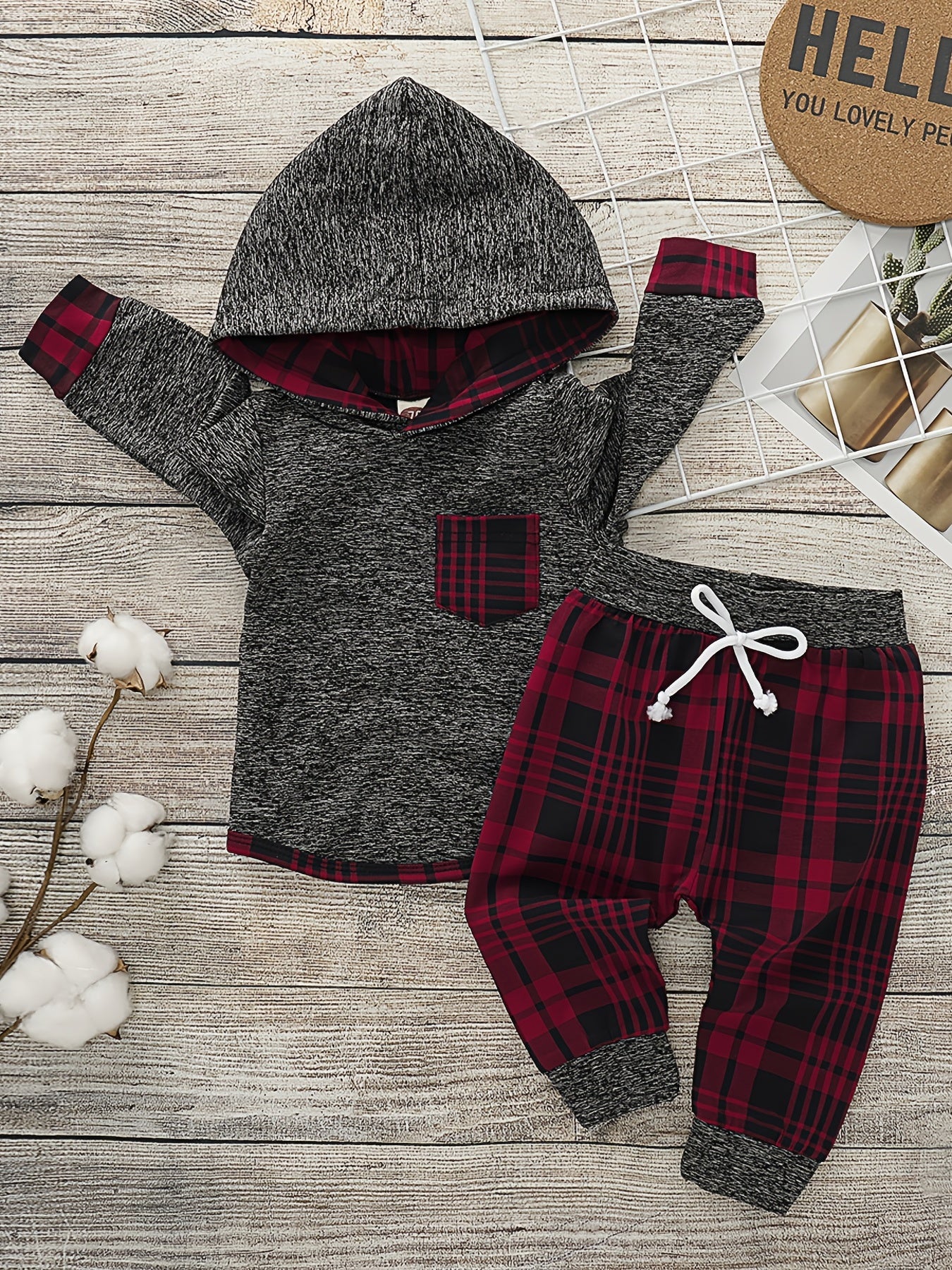 Baby Boys Hooded Sweatshirt & Pants Set with Plaid Print