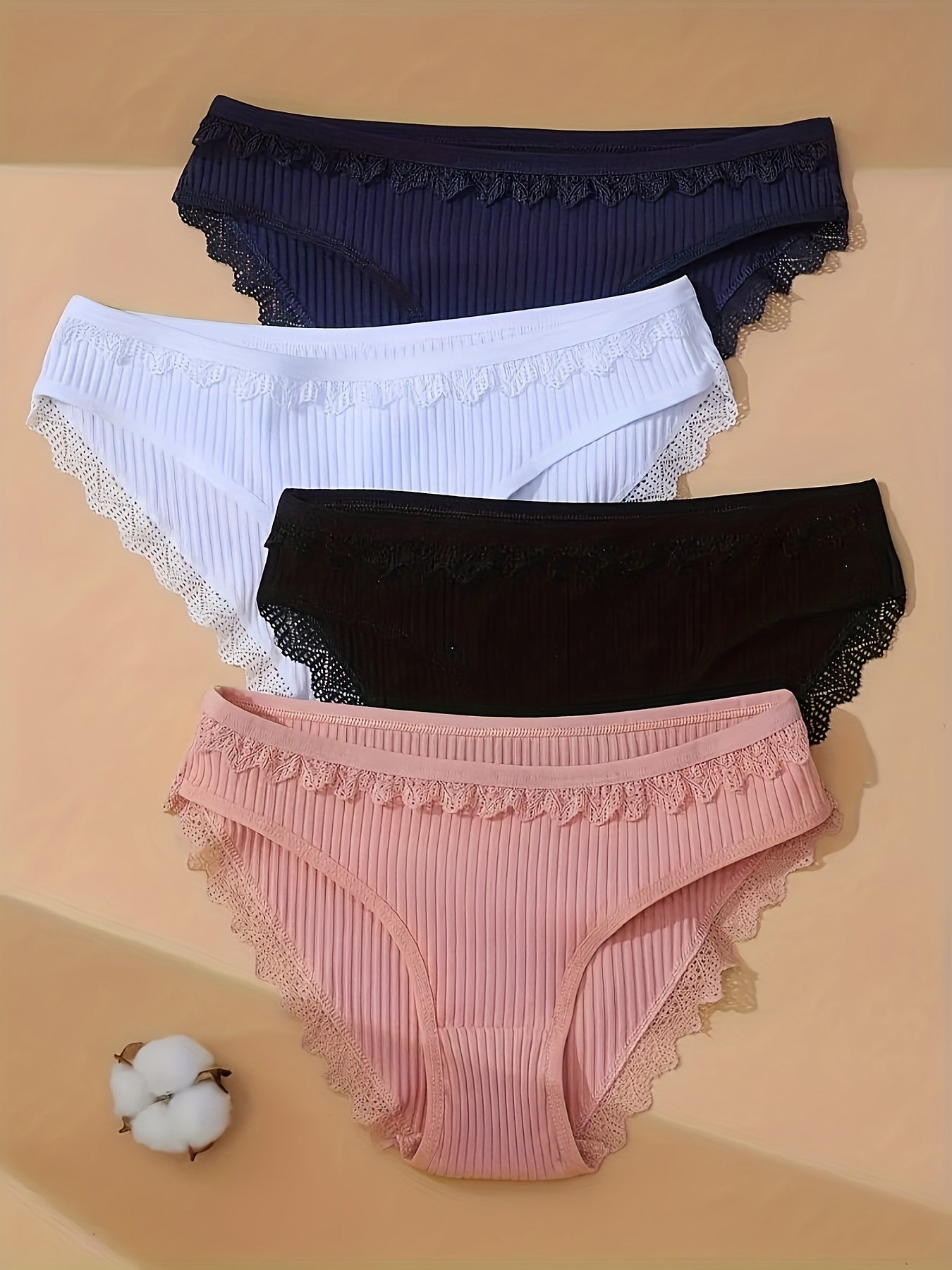 4pcs Lace Ribbed Briefs Women's Lingerie Panties