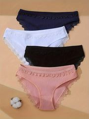 4pcs Lace Ribbed Briefs Women's Lingerie Panties