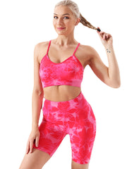 2pcs Tie Dye Workout Sets Spaghetti Straps Sports Bras & High Waist Biker Shorts