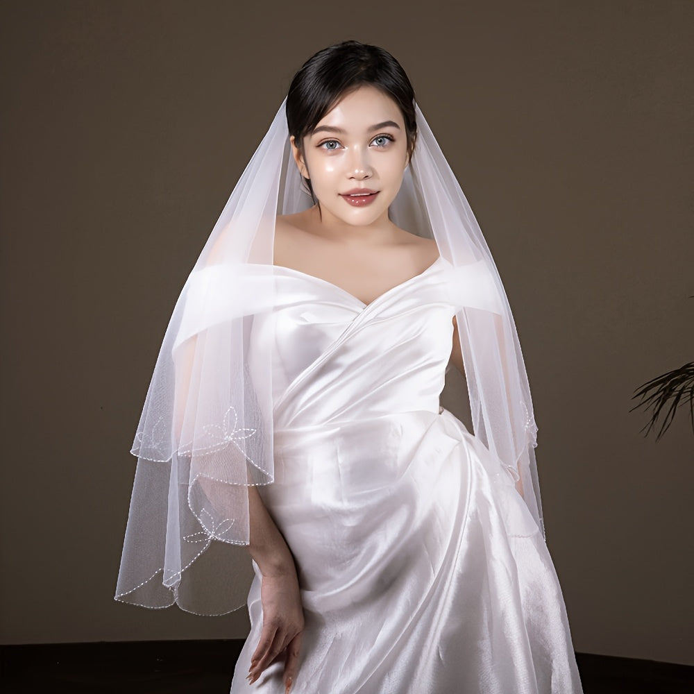 Chic Beaded Crystal Lace Wedding Veil
