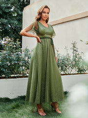 Mesh Ruffle Sleeve Maxi Dress Double Layer Wedding Guest Dresses