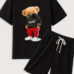 Boy's Street Style 2pcs T shirt & Shorts Set Hoodie Bear Pattern Kid's Clothes