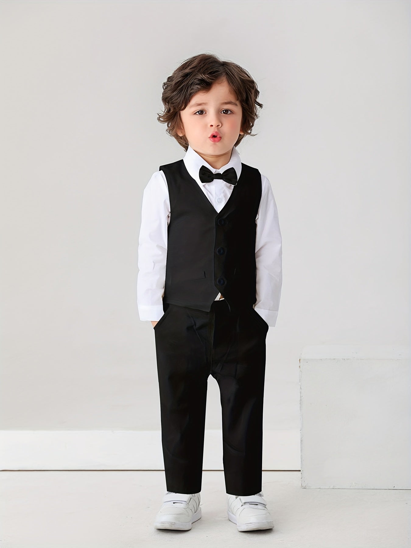 Kids Gentleman Suit 3pcs Dress Shirt Vest And Pants With Bow For Baby Boys