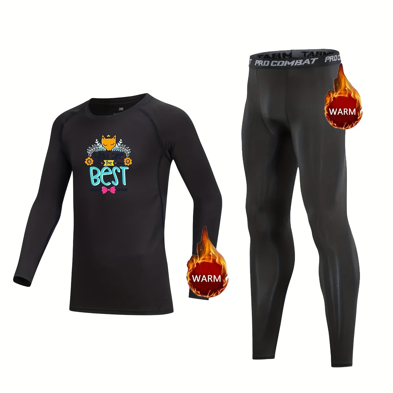 Kids Compression Fleece Sets Cartoon Pattern Crew Neck Pullover Elastic Wai