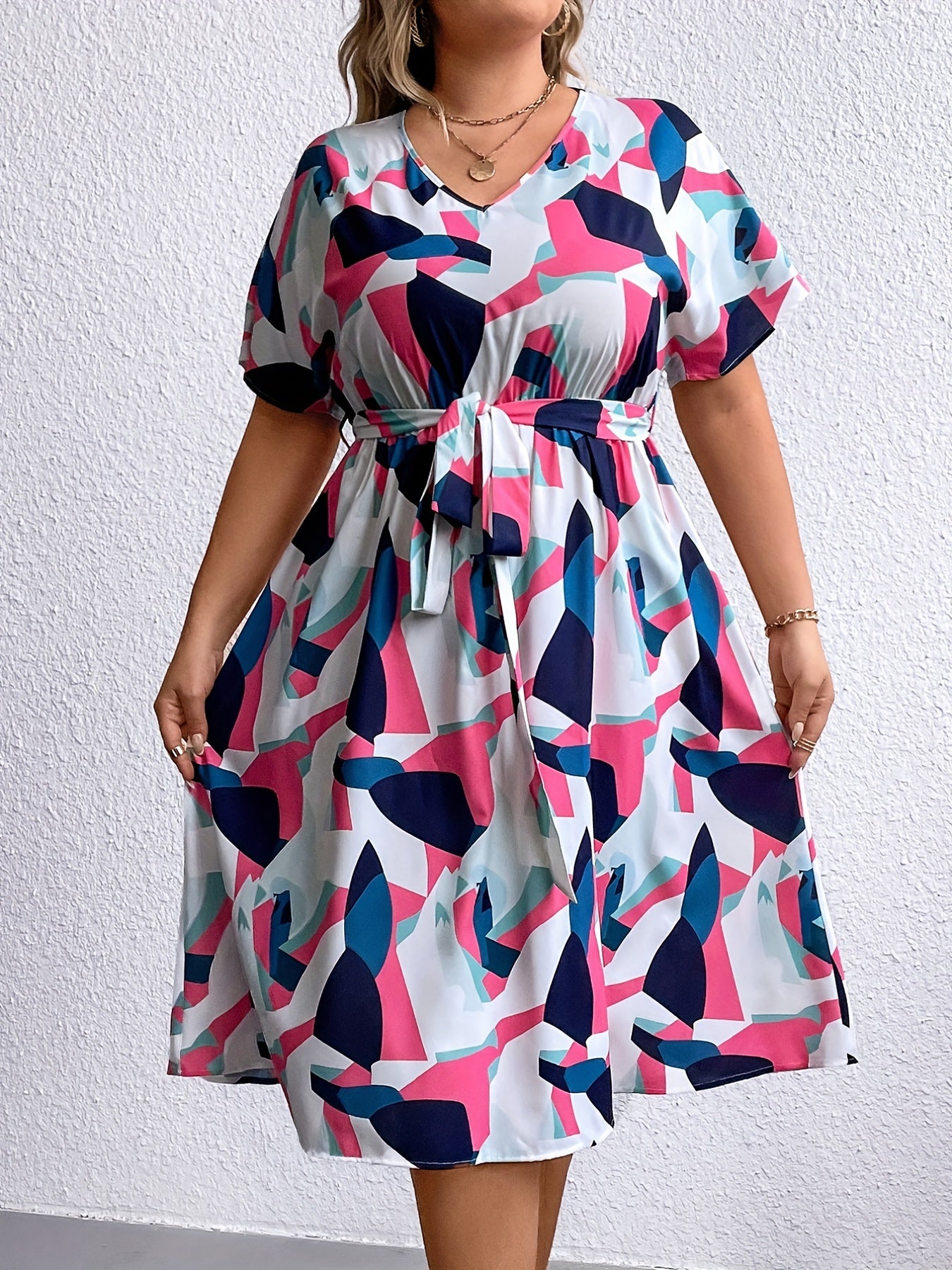 Colorblock Geometric Print V Neck Dress With Belt