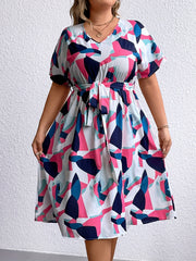 Colorblock Geometric Print V Neck Dress With Belt