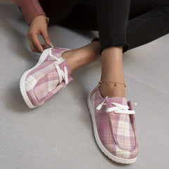 Pink Plaid Canvas Shoes Women Casual Lace Up Sneakers Lightweight Comfort