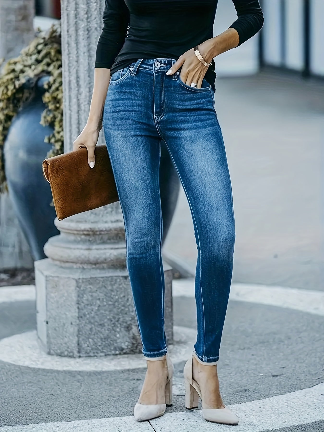 Solid Button Fly High Rise Medium Stretch Skinny Jeans