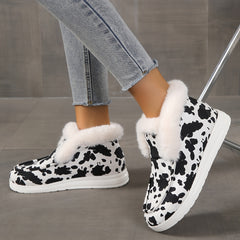 Cow Print Snow Boots Warm Plush Lined Slip On Flat Shoes