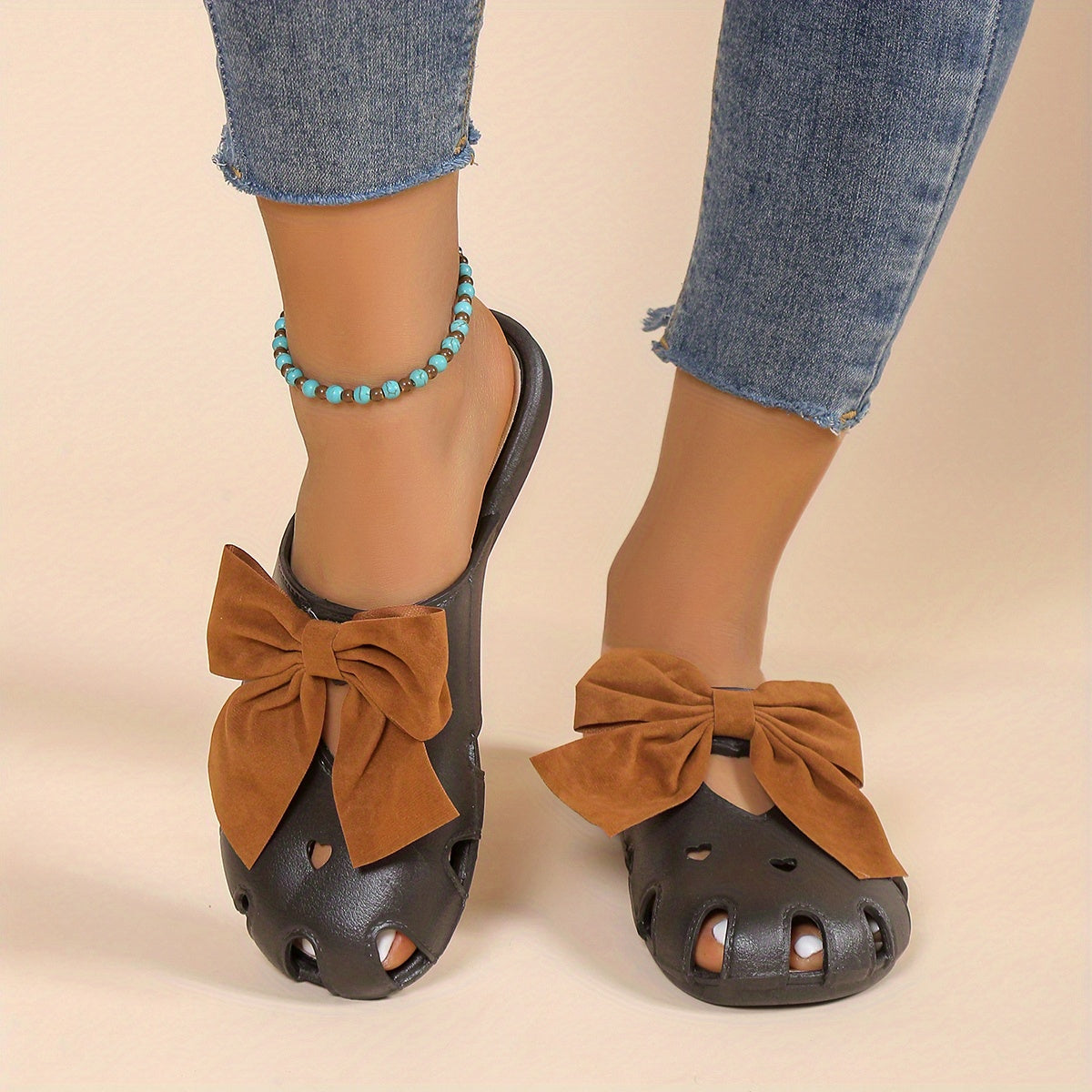 Women's Bowknot Decor Clogs Flat Shoes Lightweight Beach Shoes