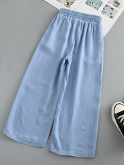 Girls Casual Jeans Bear Embroidery Elastic Waist Wide Leg Jeans