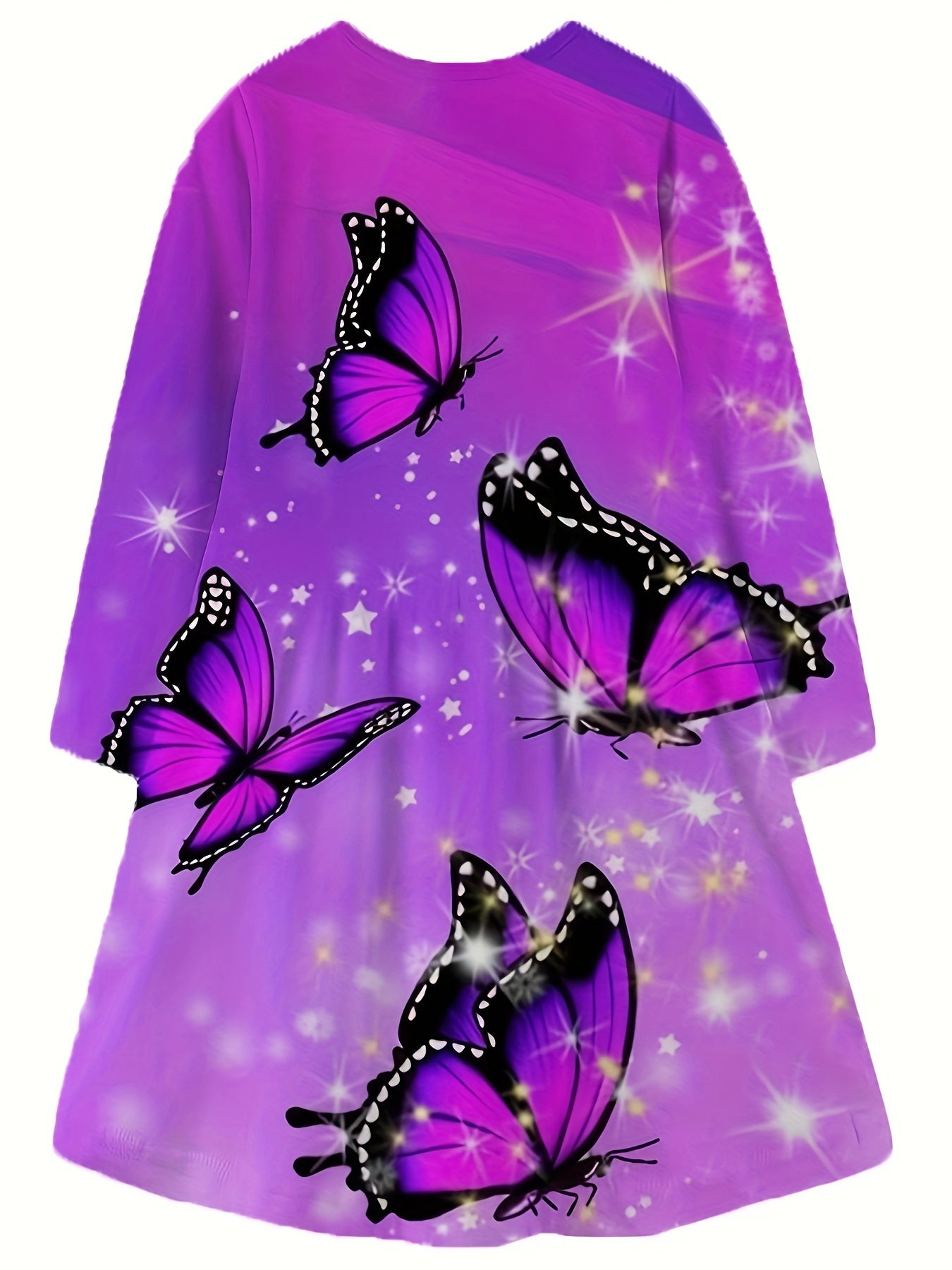 Dreamy Butterfly Graphic Crew Neck Long Sleeve Dress