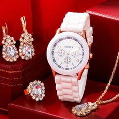 Kids Silicone Quartz Watch & Rhinestone Jewelry Set