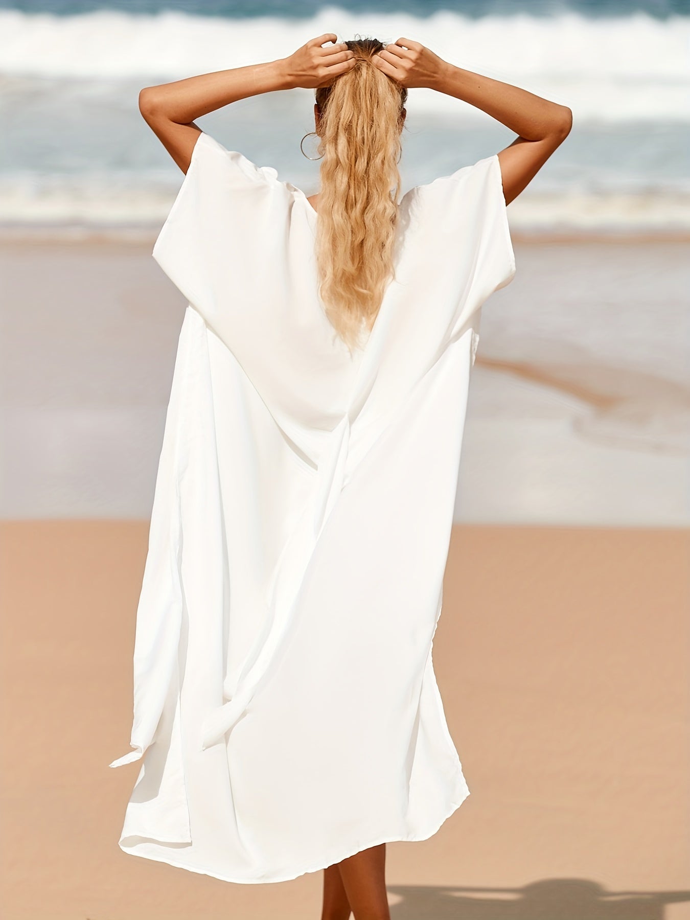 V Neck Side Split Cover Up Dress Tie Belt Short Sleeve Beach Kaftan