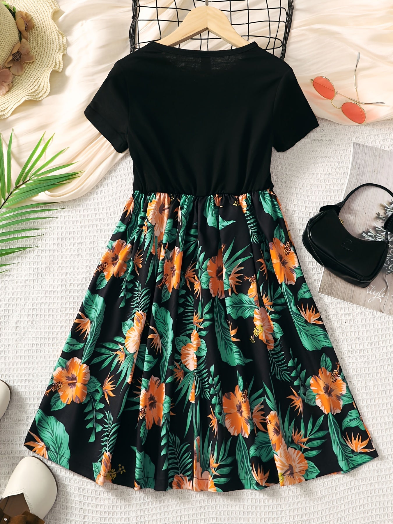 Girls Floral Splicing Casual Dress Summer Party Clothes