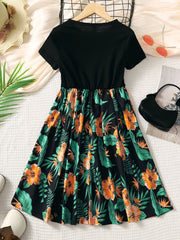 Girls Floral Splicing Casual Dress Summer Party Clothes