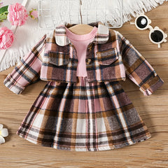 Toddler Baby Girls Patchwork Plaid Dress Coat 2pcs Set