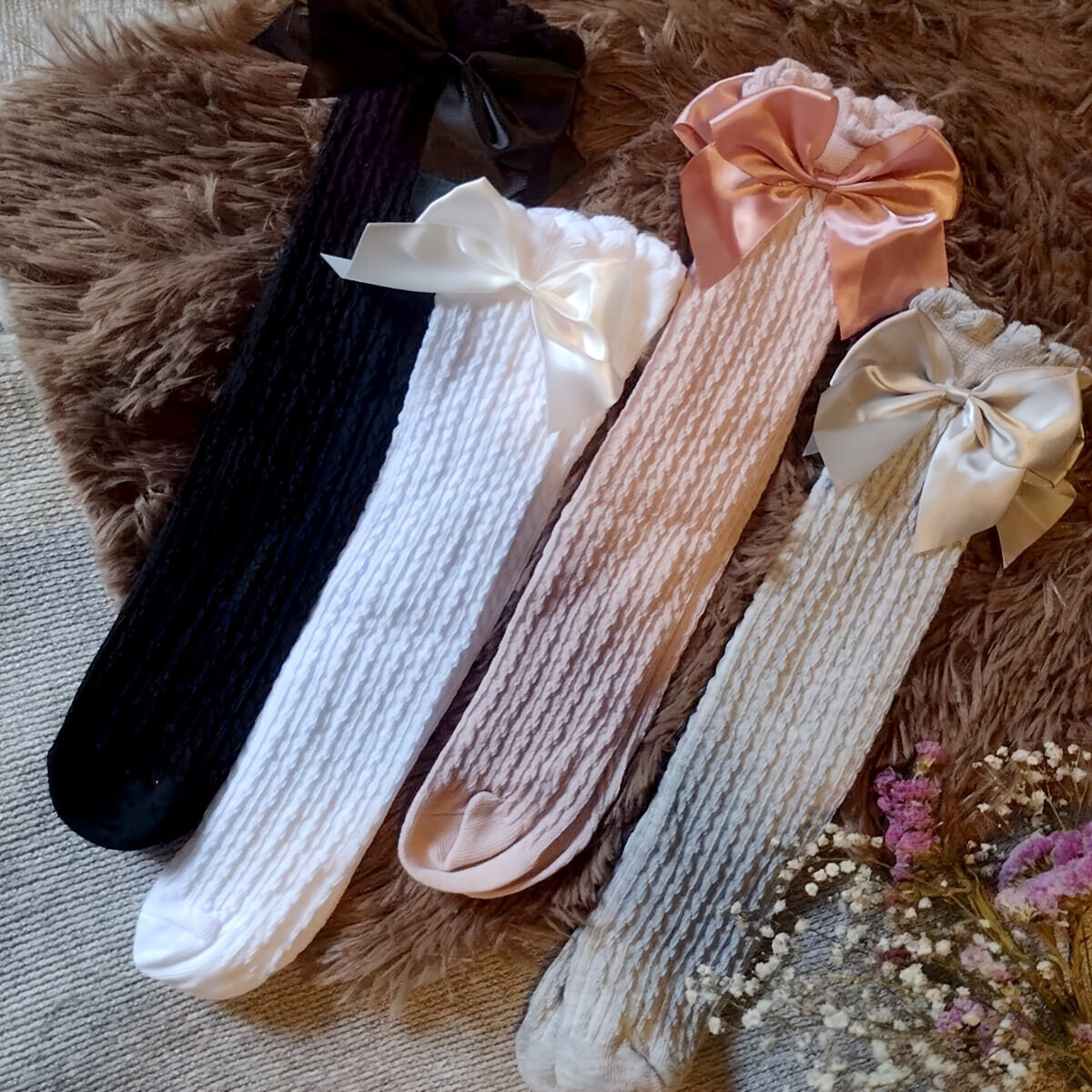 4 Pairs Girls Breathable Mesh Cable Knit Knee High Socks with Satin Bow