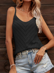Eyelet Scallop Trim Knit Top V Neck Sleeveless Cami