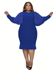 Solid Lantern Sleeve Ruffle Trim Dress