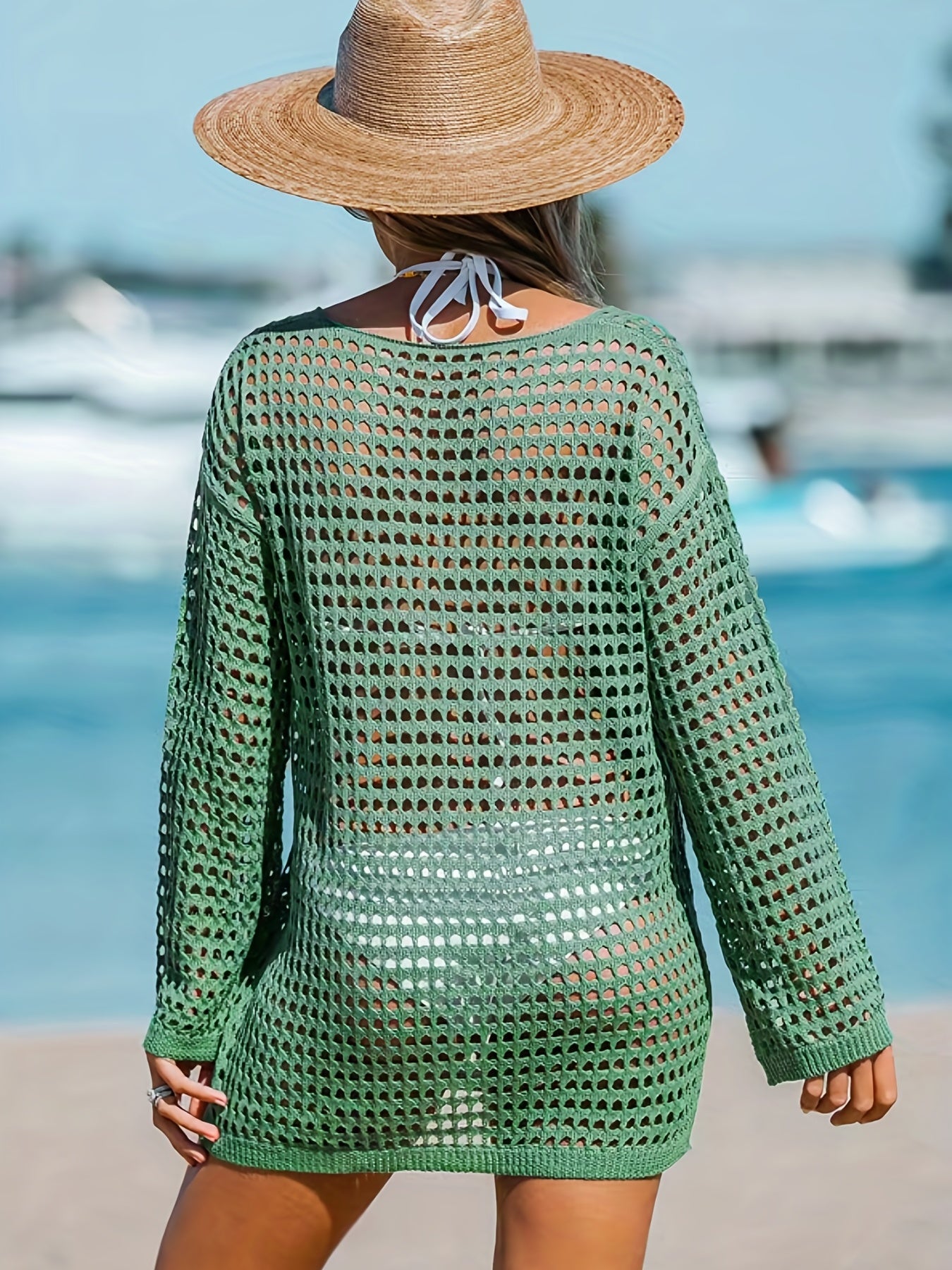Green Hollow Out Cover Up Dress Long Sleeve