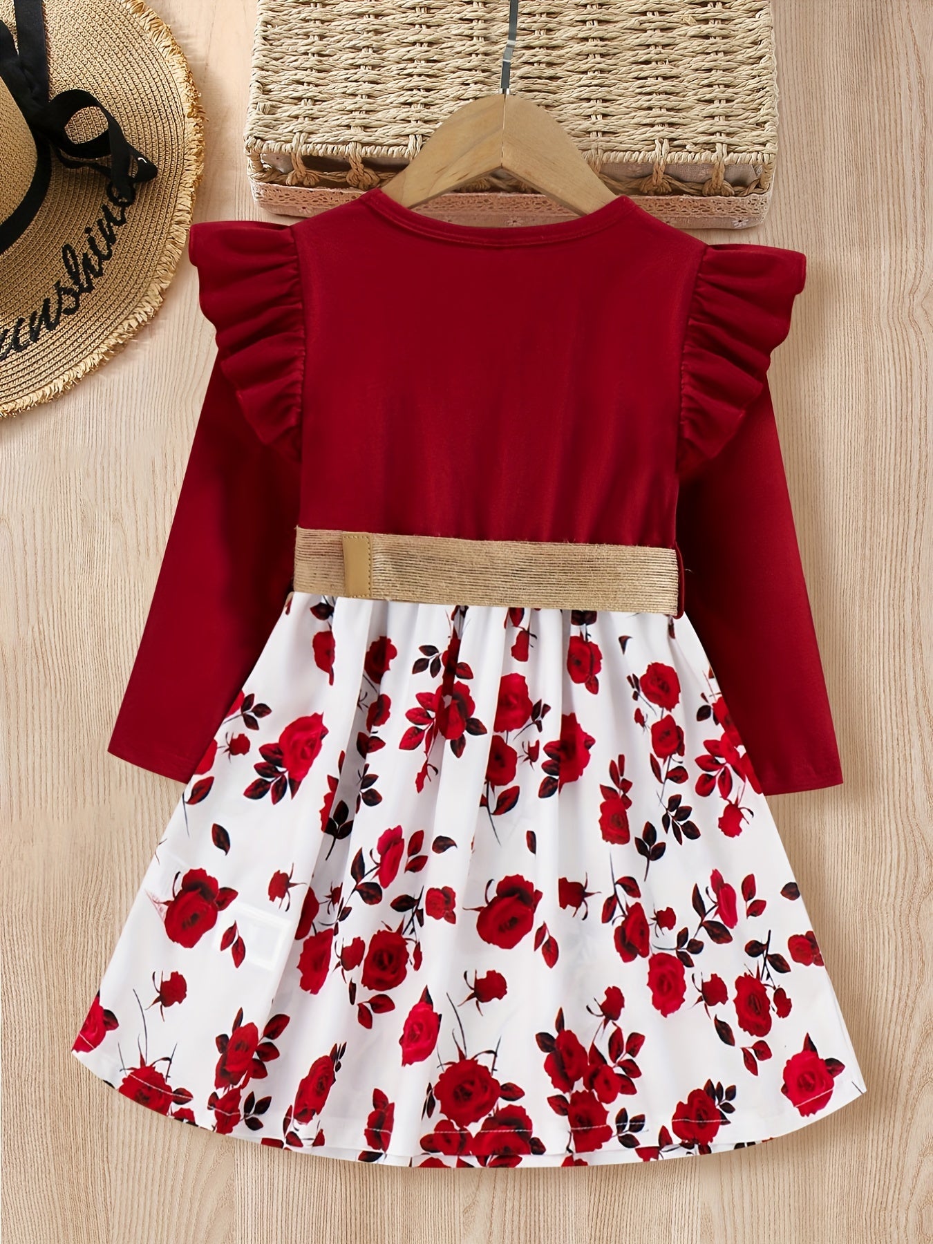 Girls' Rose Floral Frill Trims Long Sleeve Casual Dress