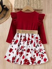 Girls' Rose Floral Frill Trims Long Sleeve Casual Dress