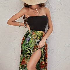 Tropical Print Tube Dress Off Shoulder Split Dress