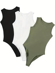 3 Pack Crew Neck Bodysuit Set Solid Sleeveless