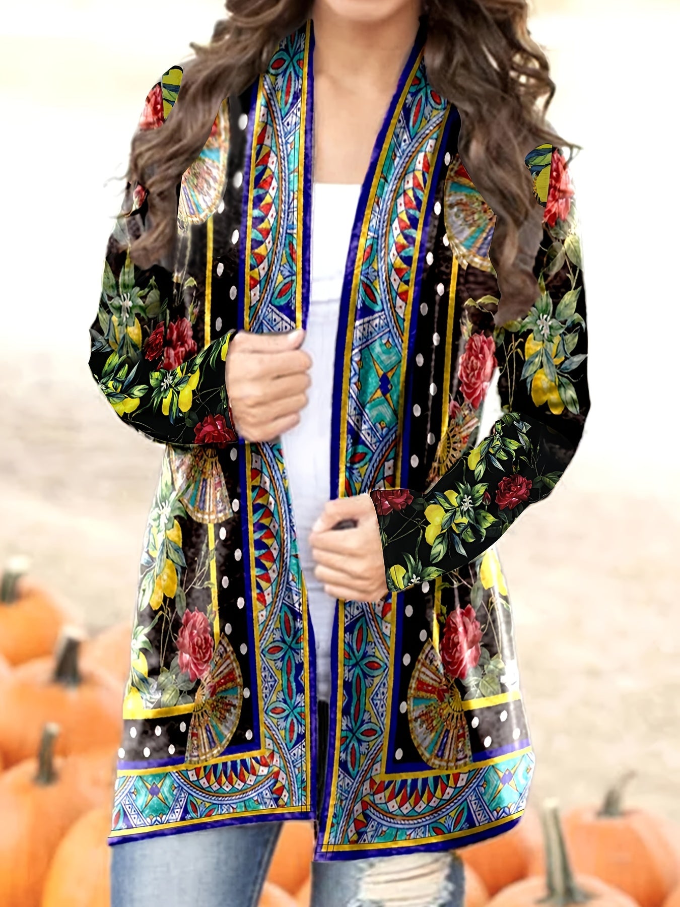 Boho Cardigan Women's Plus Tribal Print Open Front Long Sleeve