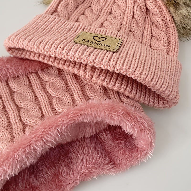2pcs Baby Knit Scarf Hat Set Pom Pom Beanie Cap & Plush Warm Ring Neck Scarf