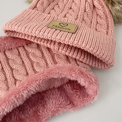2pcs Baby Knit Scarf Hat Set Pom Pom Beanie Cap & Plush Warm Ring Neck Scarf