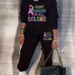 Women's Plus Feather & Slogan Print Sweatshirt & Jogger Sweatpants Outfit