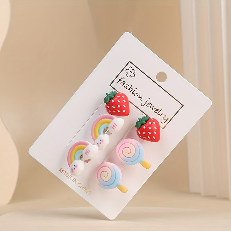 3 Pairs Rainbow & Strawberry Clip On Earrings Teen Party Accessories