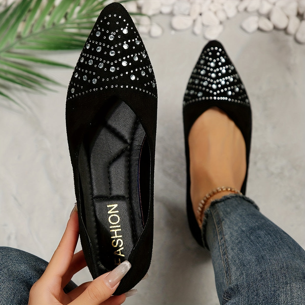 Women's Rhinestone Decor Flat Shoes Point Toe Work Shoes