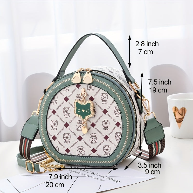 Round Handbag Chain Crossbody Bag PU Leather Top Handle Purse