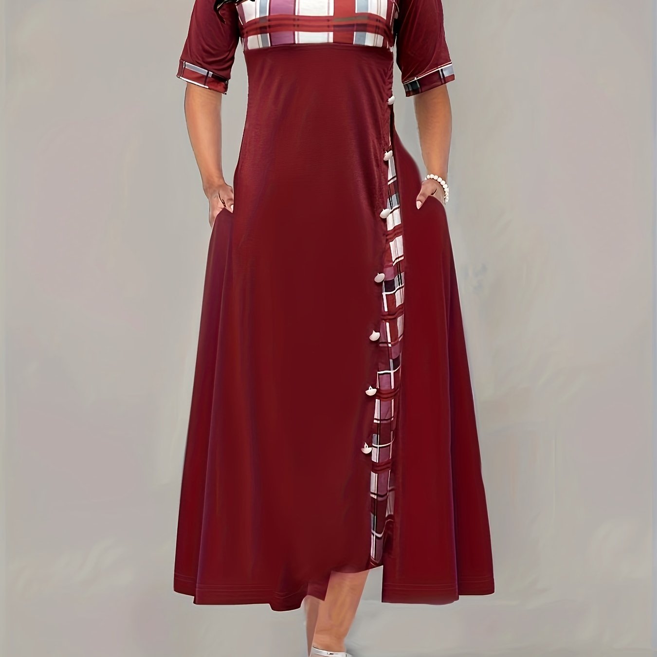Plaid Print Button Decor Short Sleeve Dress With Pockets