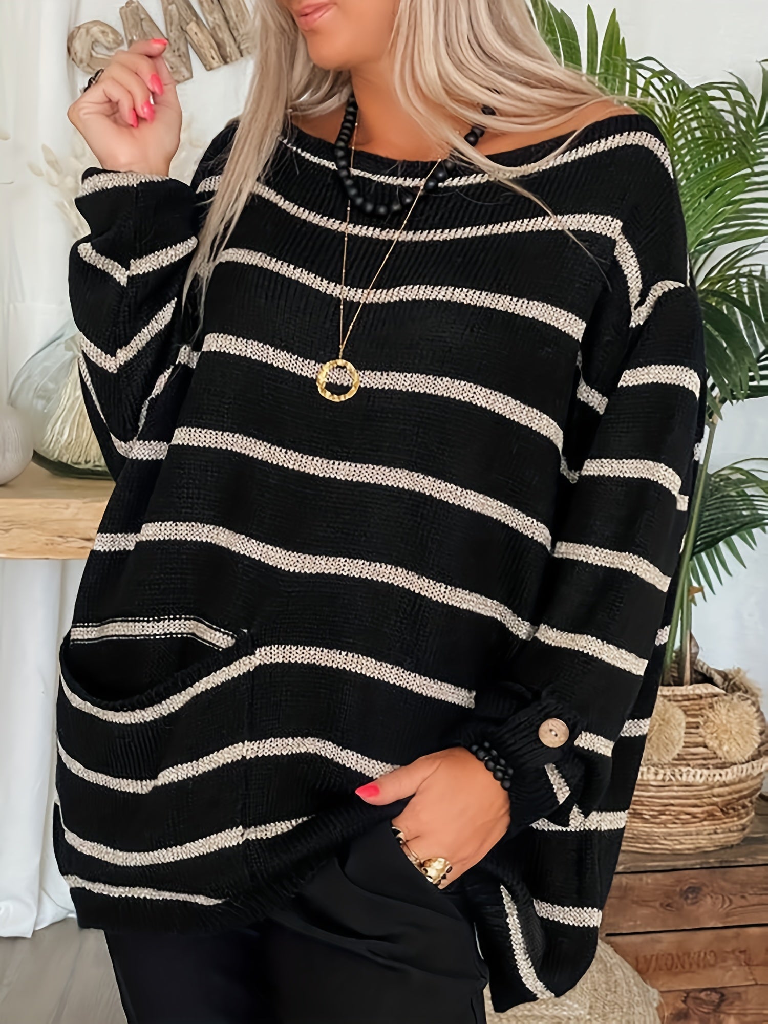 Casual Stripe Print Sweater Round Neck Jumper