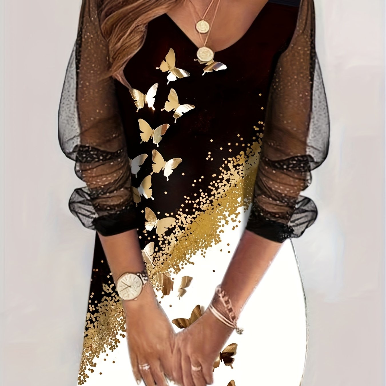 Women's Plus Golden Butterfly & Dot Print Mesh Sleeve V Neck Dress