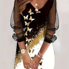 Women's Plus Golden Butterfly & Dot Print Mesh Sleeve V Neck Dress