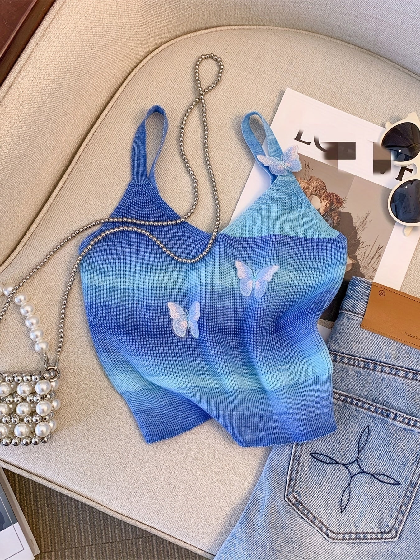 Gradient Knitted Cami Top V Neck Summer Sleeveless Top