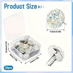 30pcs Glitter Rhinestone Push Pins for Wall Hangings Bulletin Board Maps