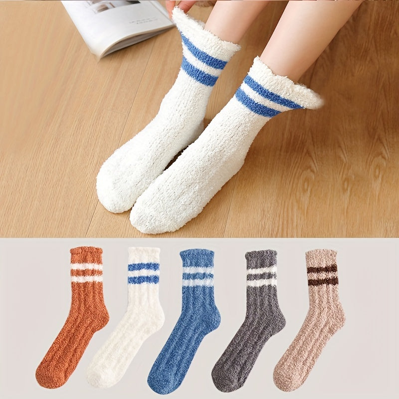 5 Pairs Striped Fuzzy Socks Comfy & Warm Mid Tube Socks Women's