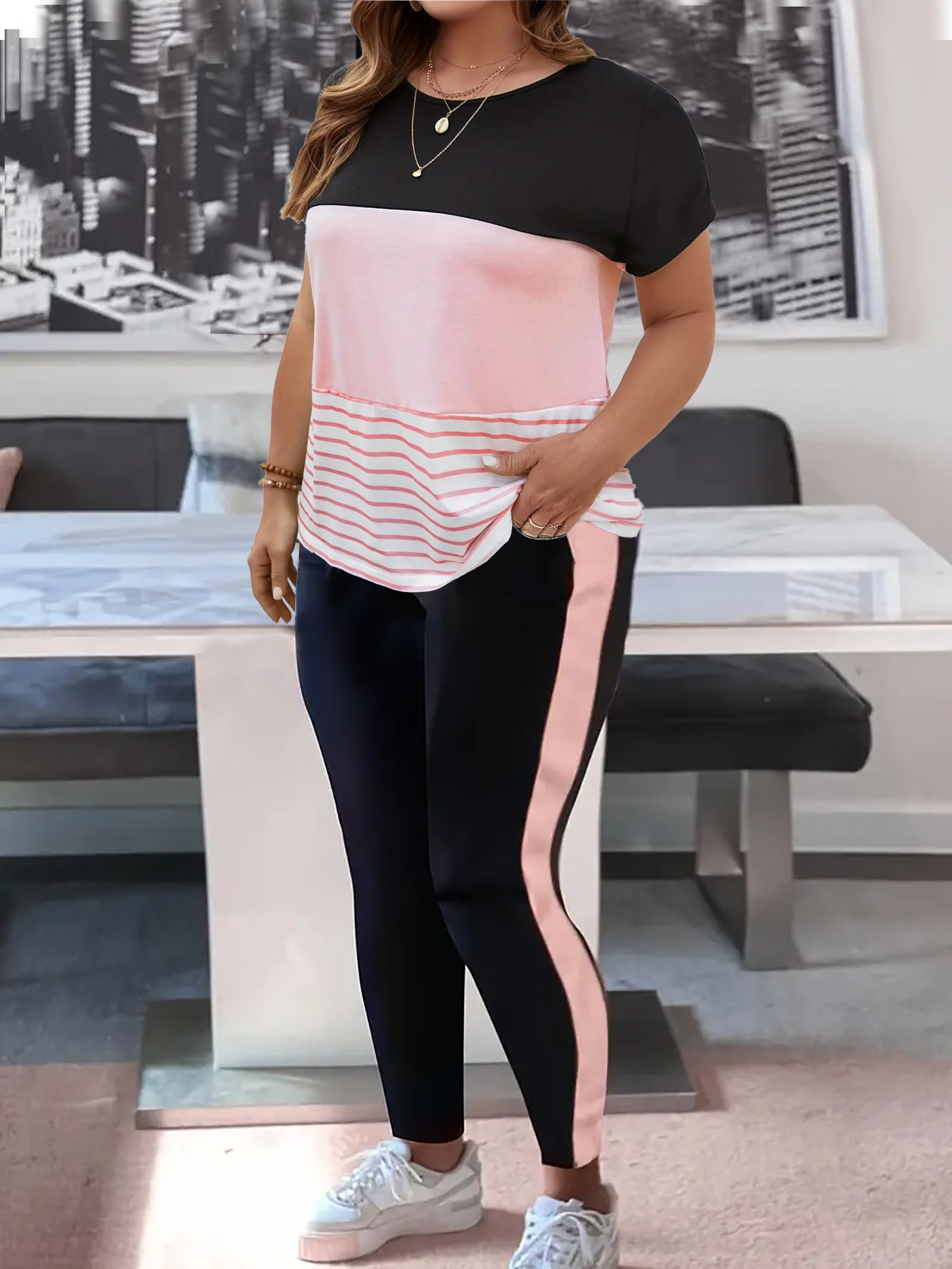 Women's Plus Colorblock Stripe Print Top & Pants Set
