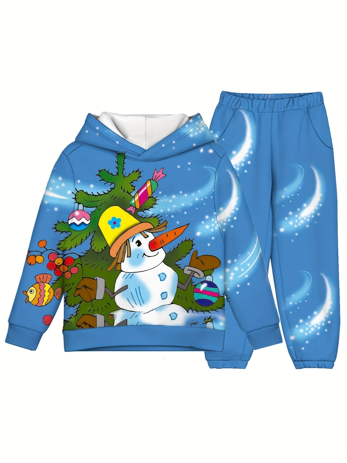 Boys Christmas Snowman Print Hooded Sweatshirt & Sweatpants Set